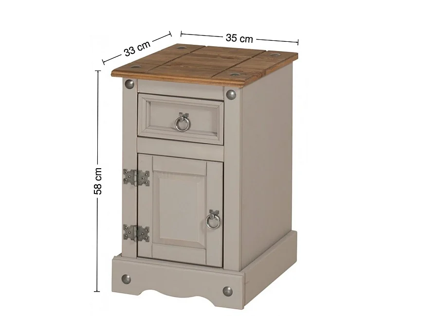 Mercers Furniture Corona Grey Wax Narrow Pot Cupboard Bedside Cabinet 1 Door 1 Drawer Table Solid Wood Pine Wooden Bedroom with Mexican Styling