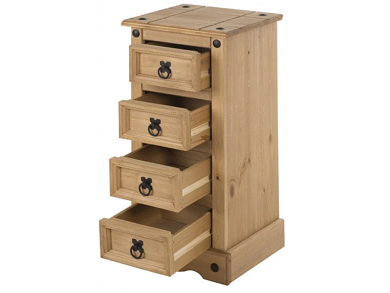 Mercers Furniture Corona Narrow 4 Drawer Bedside Table Chest Cabinet Solid Wood Pine Wooden Bedroom with Mexican Styling