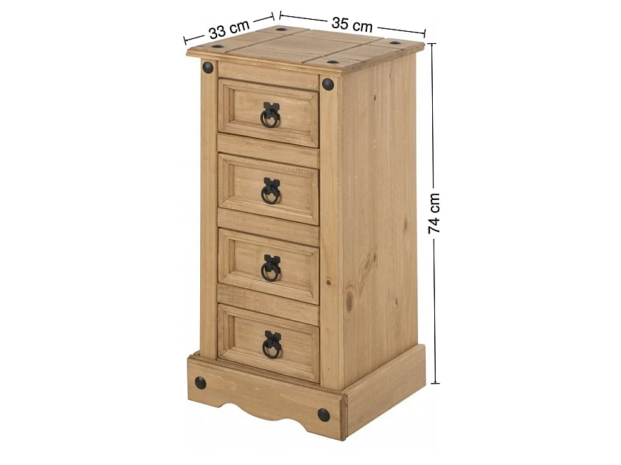 Mercers Furniture Corona Narrow 4 Drawer Bedside Table Chest Cabinet Solid Wood Pine Wooden Bedroom with Mexican Styling