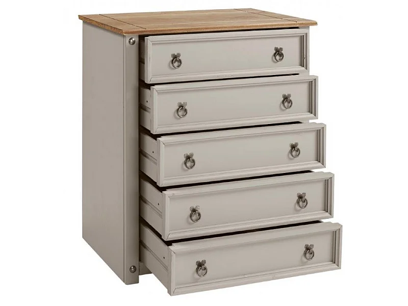 Mercers Furniture Corona Grey Wax Small 5 Drawer Chest of Drawers Solid Wood Pine Wooden Bedroom with Mexican Styling