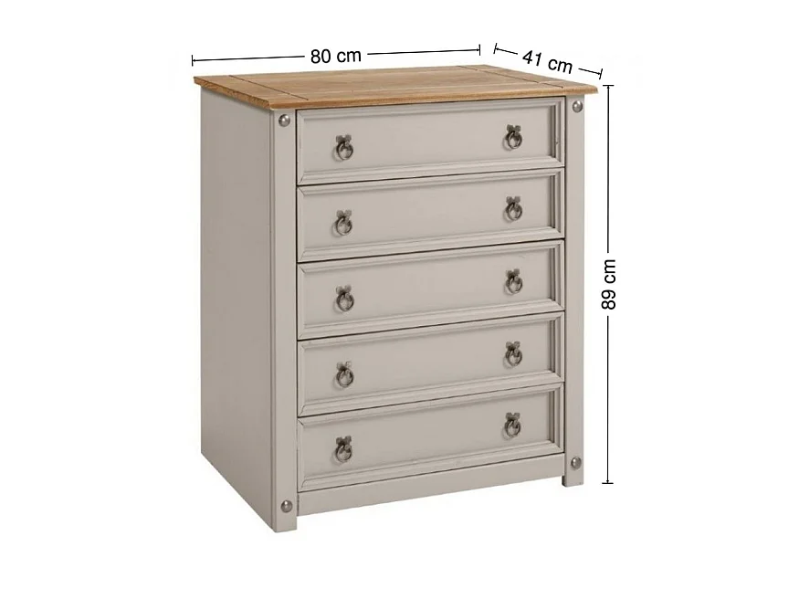 Mercers Furniture Corona Grey Wax Small 5 Drawer Chest of Drawers Solid Wood Pine Wooden Bedroom with Mexican Styling