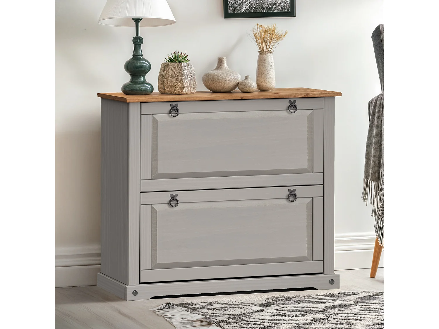 Mercers Furniture Corona Grey Wax 2 Shelf Shoe Rack Chest Solid Wood Mexican Pine Wooden Hallway Storage Cabinet