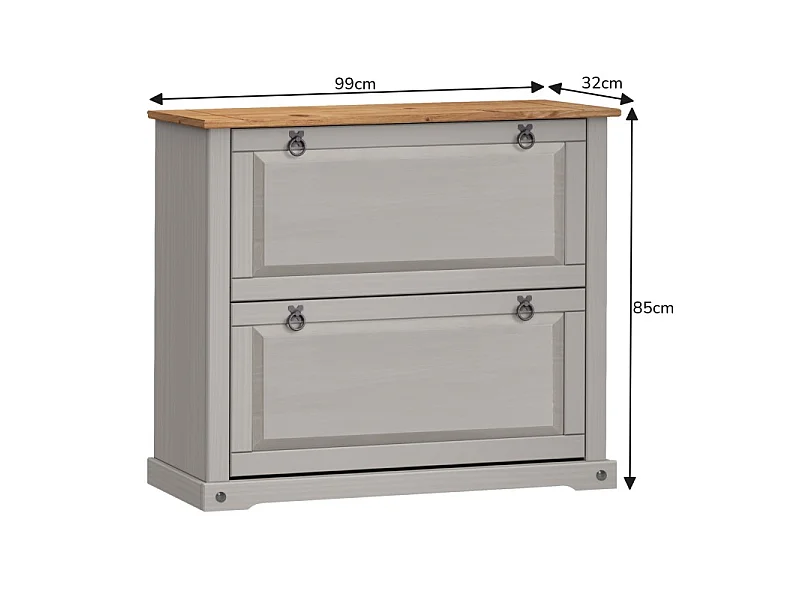 Mercers Furniture Corona Grey Wax 2 Shelf Shoe Rack Chest Solid Wood Mexican Pine Wooden Hallway Storage Cabinet