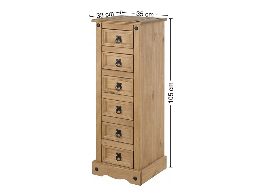 Mercers Furniture Corona Narrow 6 Drawer Bedside Table Cabinet Chest Solid Wood Pine Wooden with Mexican Styling