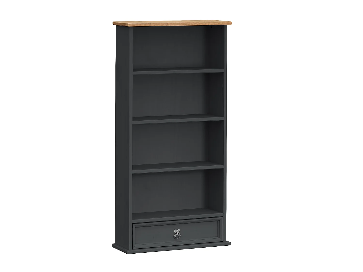 Mercers Furniture Corona Charcoal 1 Drawer DVD Rack Small Bookcase 4 Shelf Media CD Storage Solid Wood Pine Wooden Dark Grey with Mexican Styling