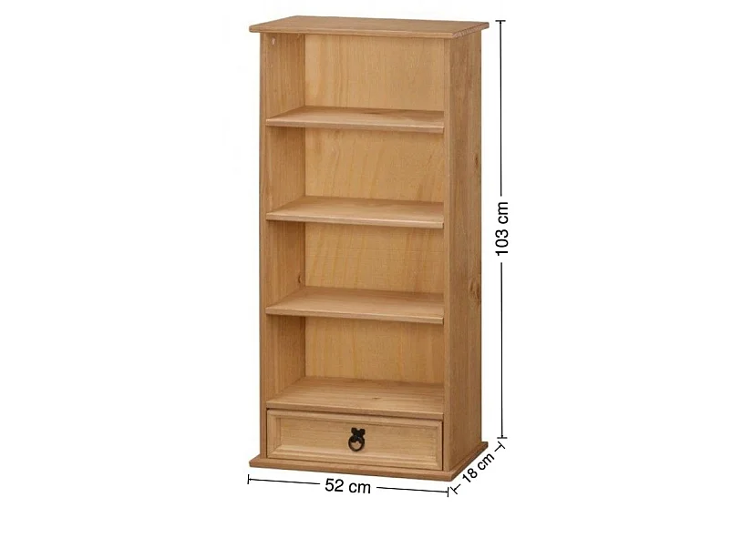 Mercers Furniture Corona DVD Rack Small Bookcase CD Display Storage 1 Drawer Media Unit Solid Wood Pine with Mexican Styling Wooden