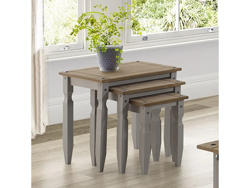 Mercers Furniture Corona Grey Wax Piccolo Nest of 3 Tables Side End Lamp Occasional Stands Solid Wood Pine Wooden with Mexican Styling