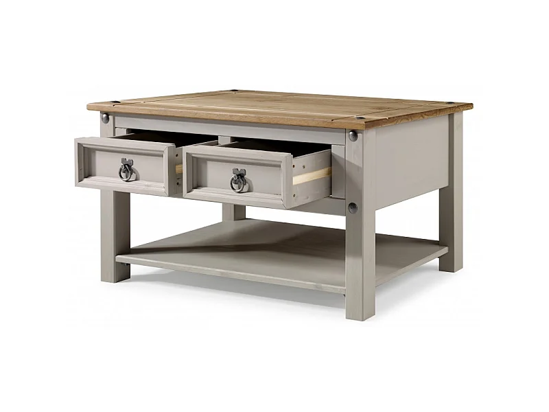 Mercers Furniture Corona Coffee Table Grey Wax 2 Drawer 1 Shelf Solid Wooden Pine Wood Living Room with Mexican Styling