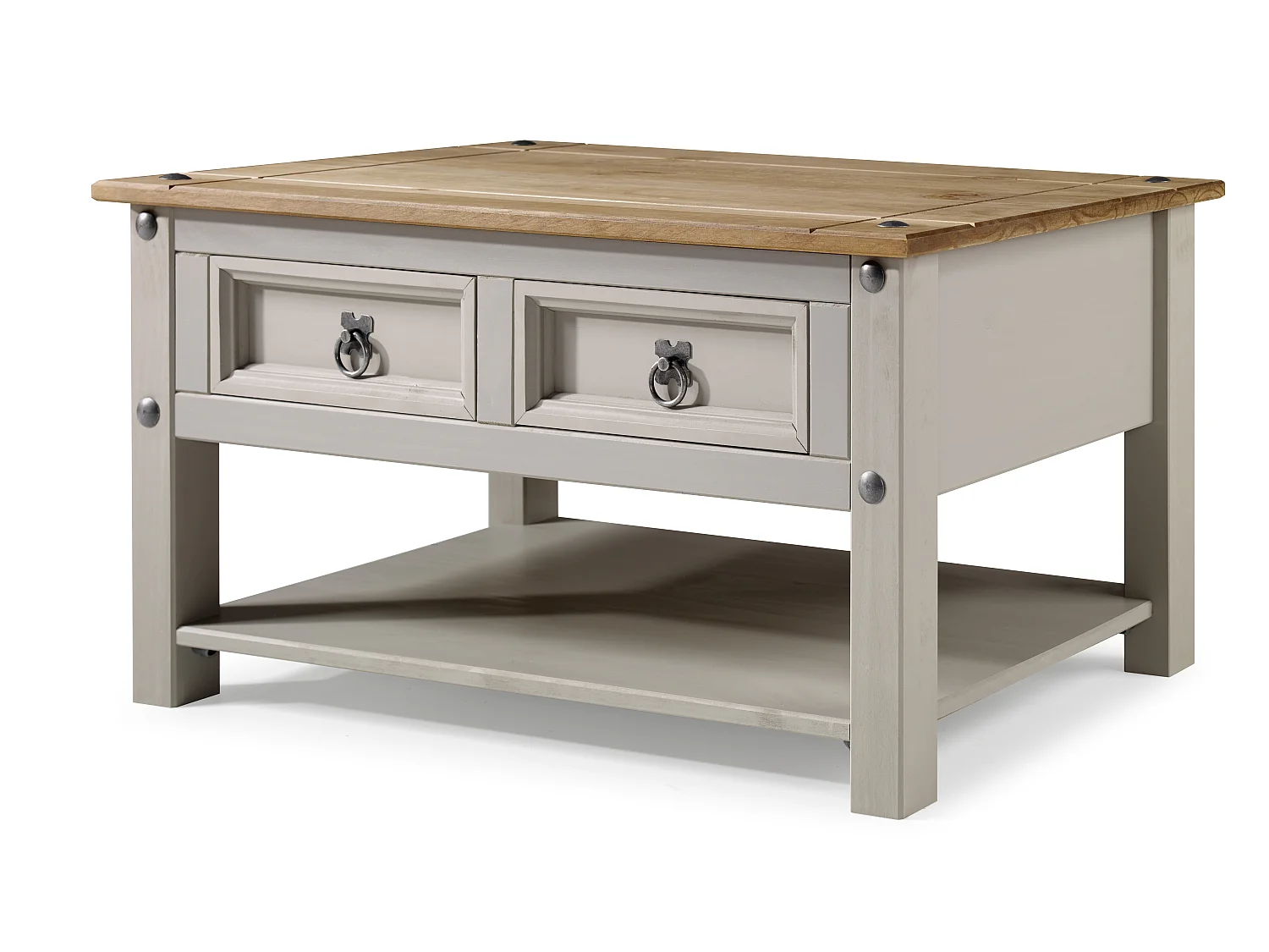 Mercers Furniture Corona Coffee Table Grey Wax 2 Drawer 1 Shelf Solid Wooden Pine Wood Living Room with Mexican Styling