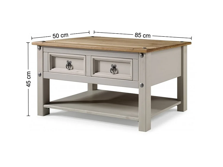 Mercers Furniture Corona Coffee Table Grey Wax 2 Drawer 1 Shelf Solid Wooden Pine Wood Living Room with Mexican Styling