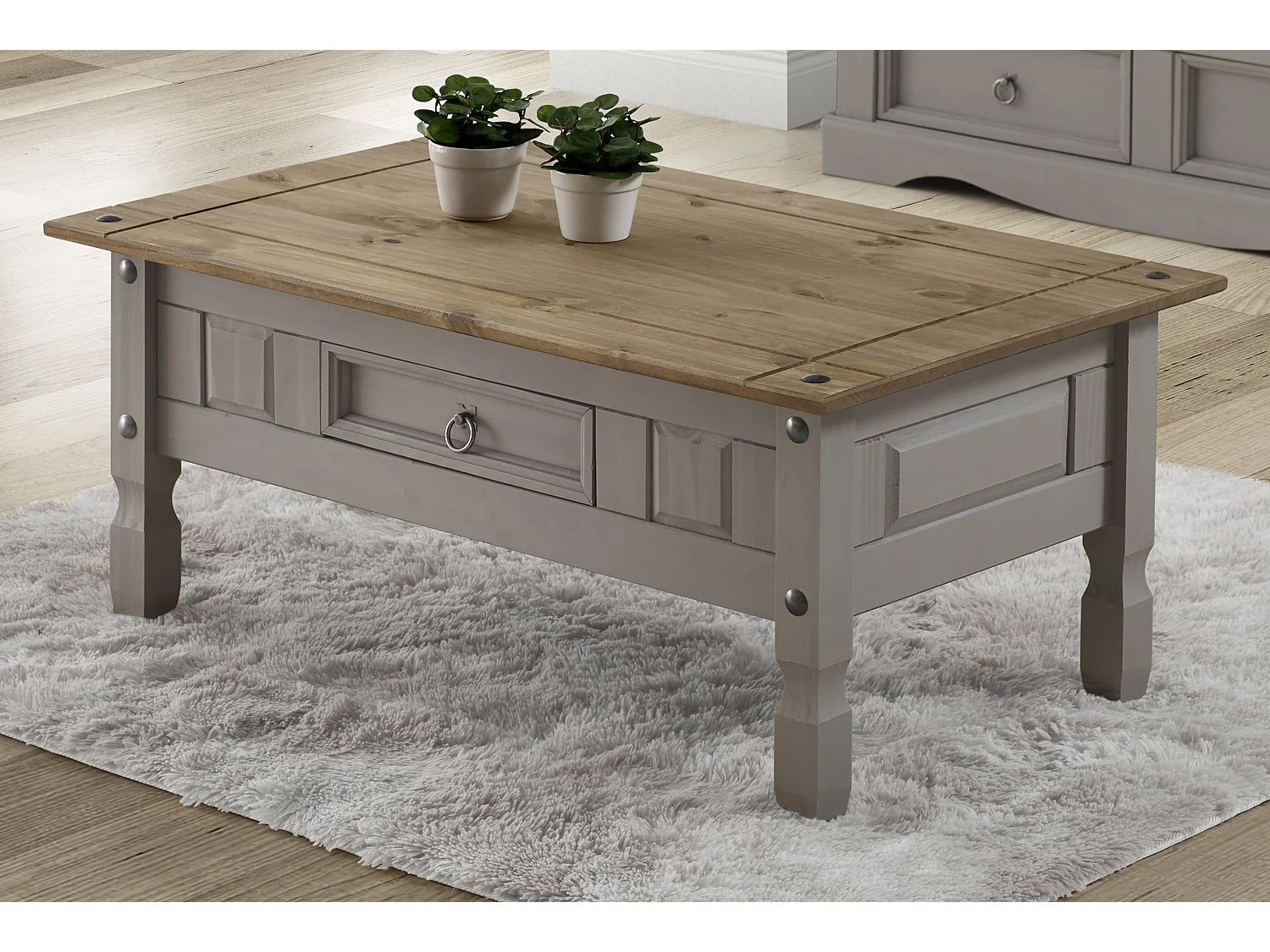 Mercers Furniture Corona Grey Painted Wax Coffee Table 1 Drawer Solid Wood Pine Wooden Living Room with Mexican Styling