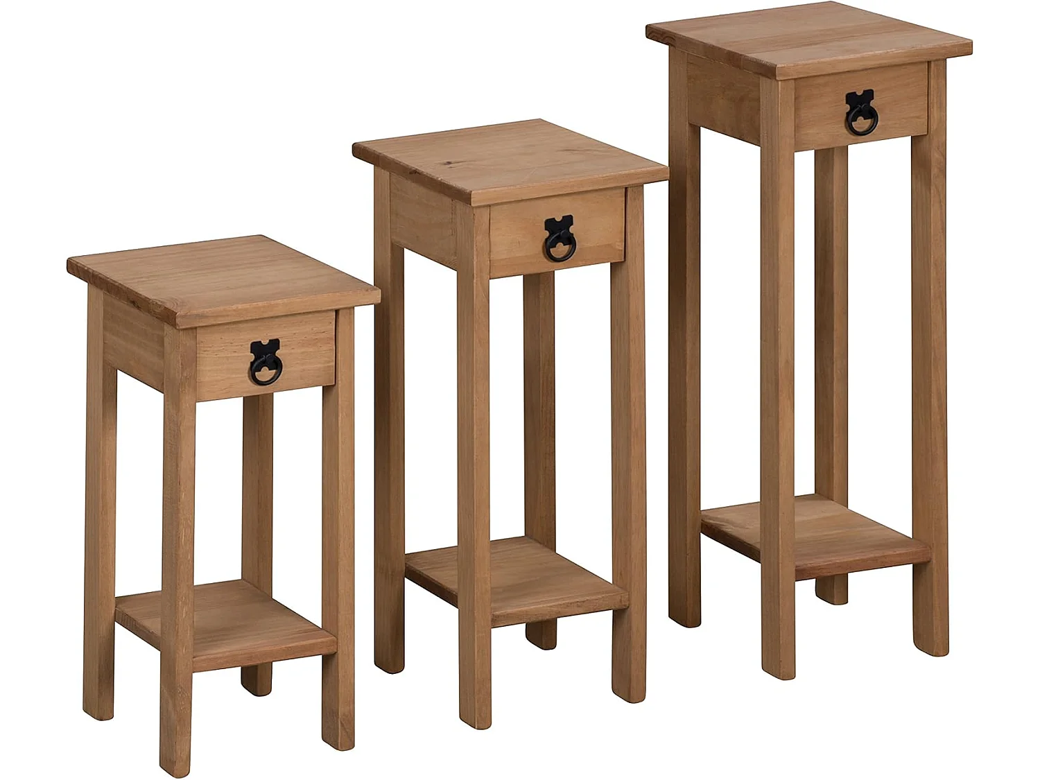 Mercers Furniture Corona Set of 3 Plant Stands 1 Drawer 1 Shelf Hallway Tables Solid Wood Pine Wooden with Mexican Styling