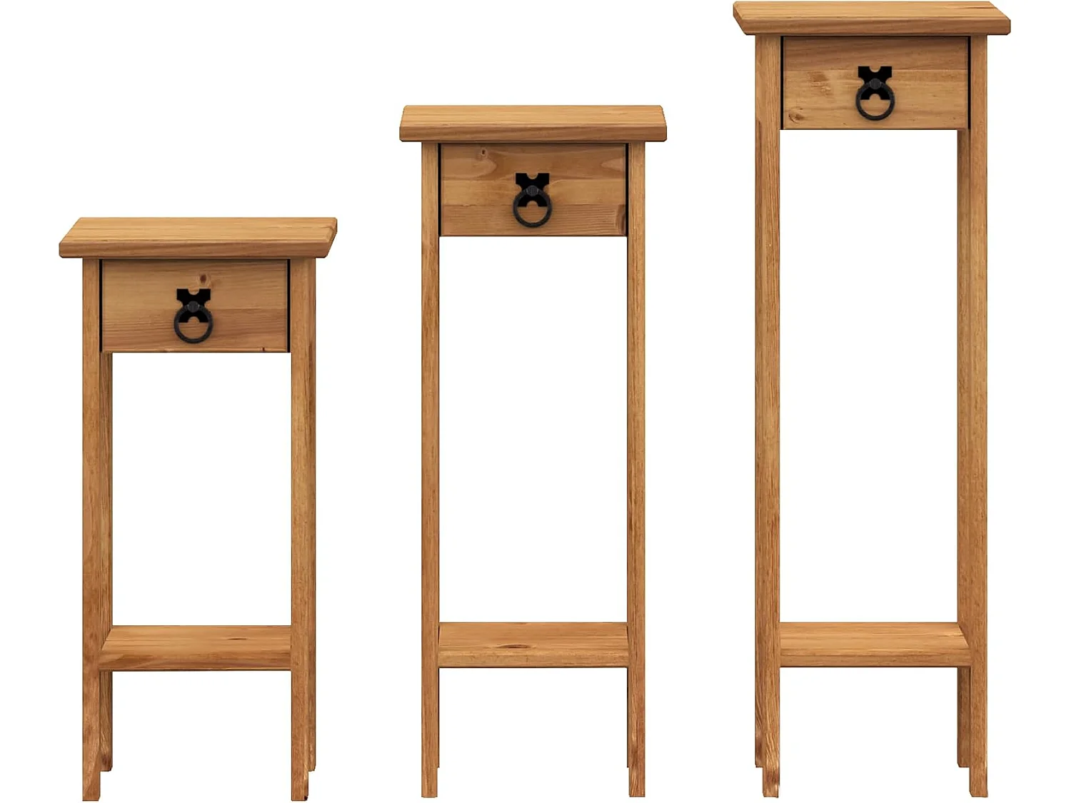 Mercers Furniture Corona Set of 3 Plant Stands 1 Drawer 1 Shelf Hallway Tables Solid Wood Pine Wooden with Mexican Styling