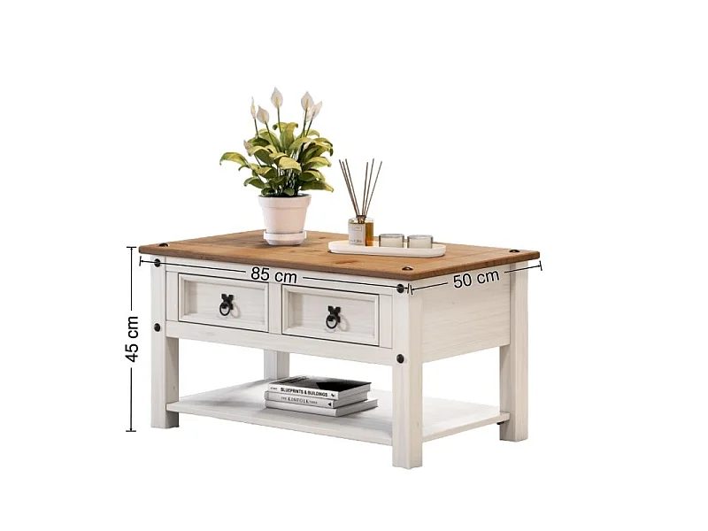 Mercers Furniture Corona White 2 Drawer 1 Shelf Coffee Table Solid Wood Pine Wooden with Mexican Styling