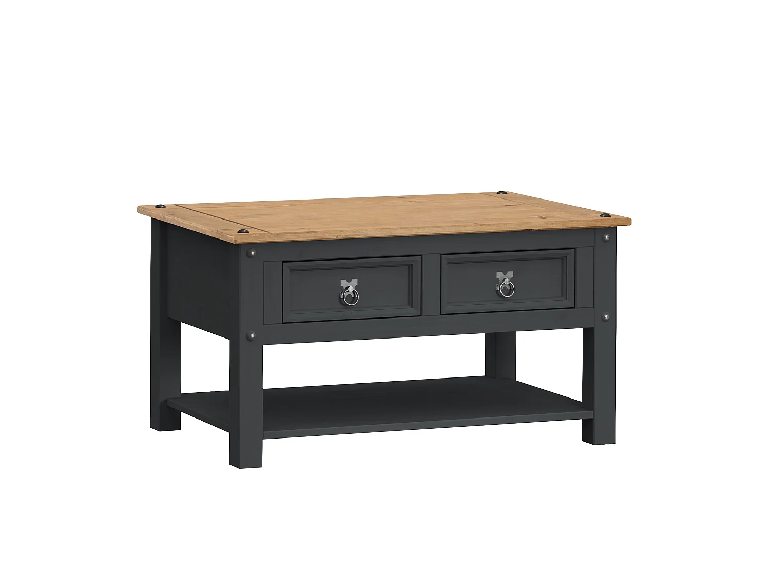 Mercers Furniture Corona Charcoal 2 Drawer 1 Shelf Coffee Table Solid Wood Pine Wooden Dark Grey with Mexican Styling