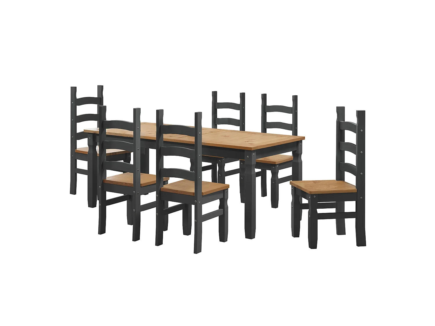 Mercers Furniture Corona Charcoal 6'0 Dining Table & 6 Chairs Set Solid Wood Mexican Pine Wooden Long Large Kitchen Dark Grey