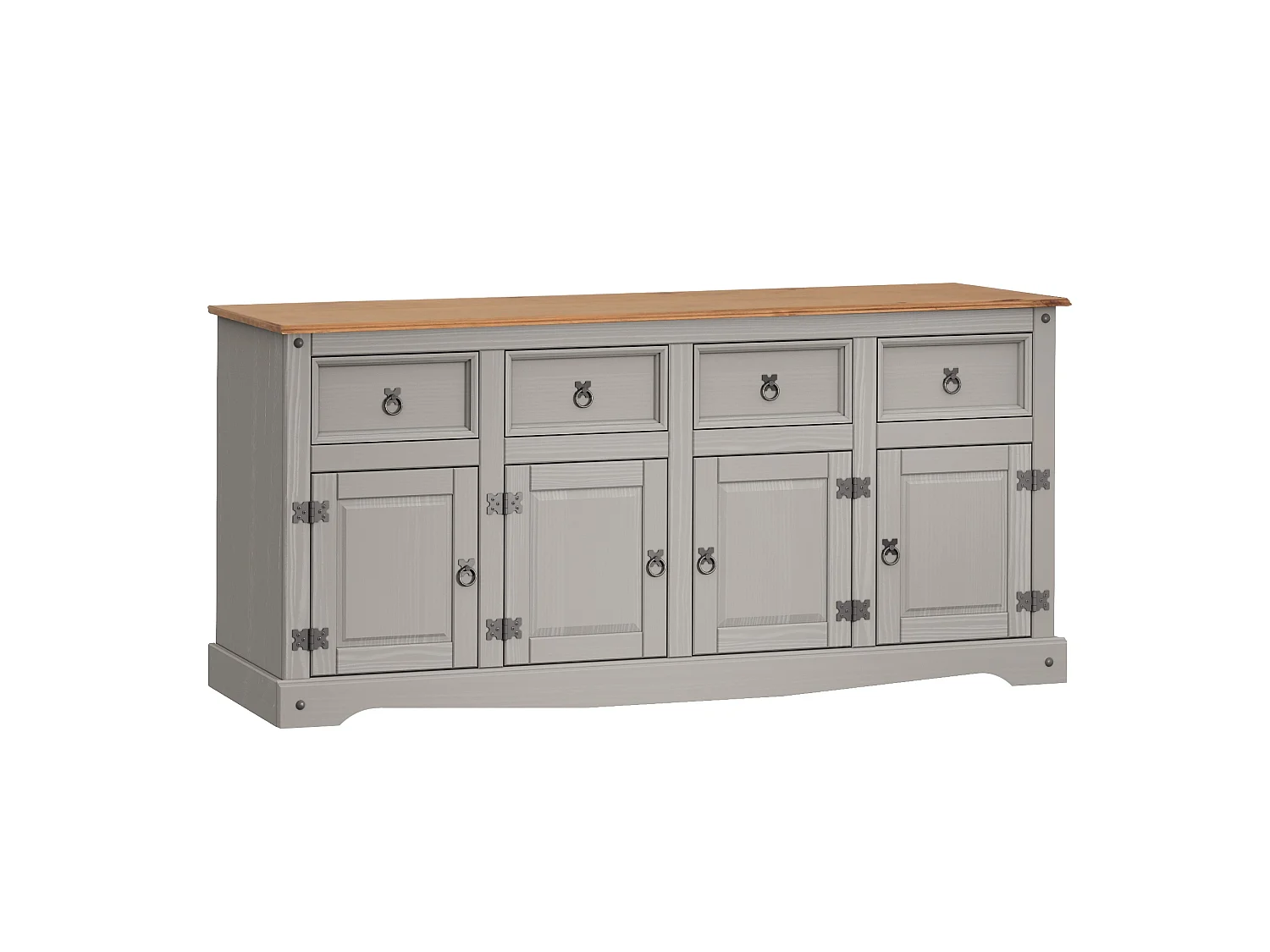 Mercers Furniture Corona Grey Wax 4 Door 4 Drawer Sideboard Cabinet Large Cupboard Solid Wood Pine Wooden with Mexican Styling