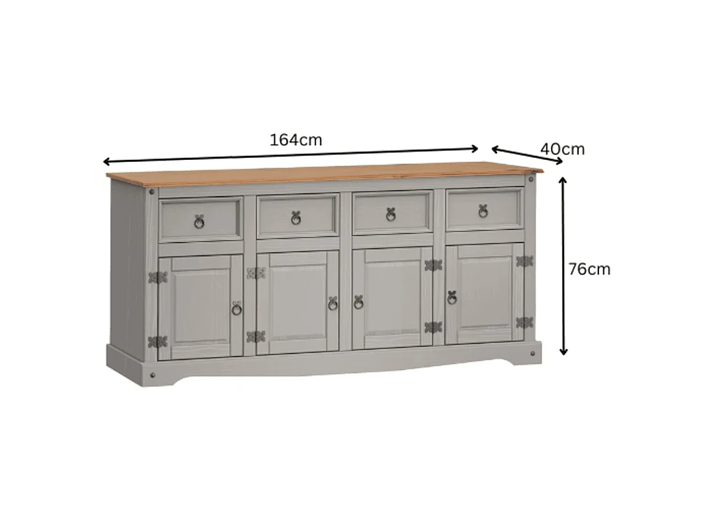 Mercers Furniture Corona Grey Wax 4 Door 4 Drawer Sideboard Cabinet Large Cupboard Solid Wood Pine Wooden with Mexican Styling
