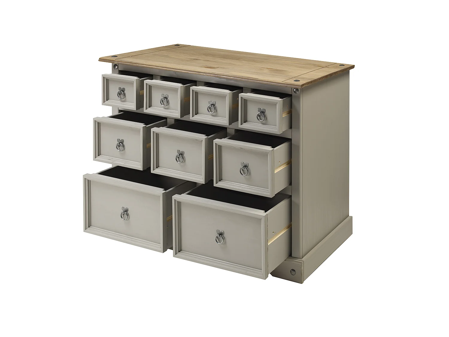 Mercers Furniture Corona 9 Drawer Merchants Chest 4+3+2 Drawers Sideboard Solid Wood Pine Grey Painted Wax Wooden Mexican Styling