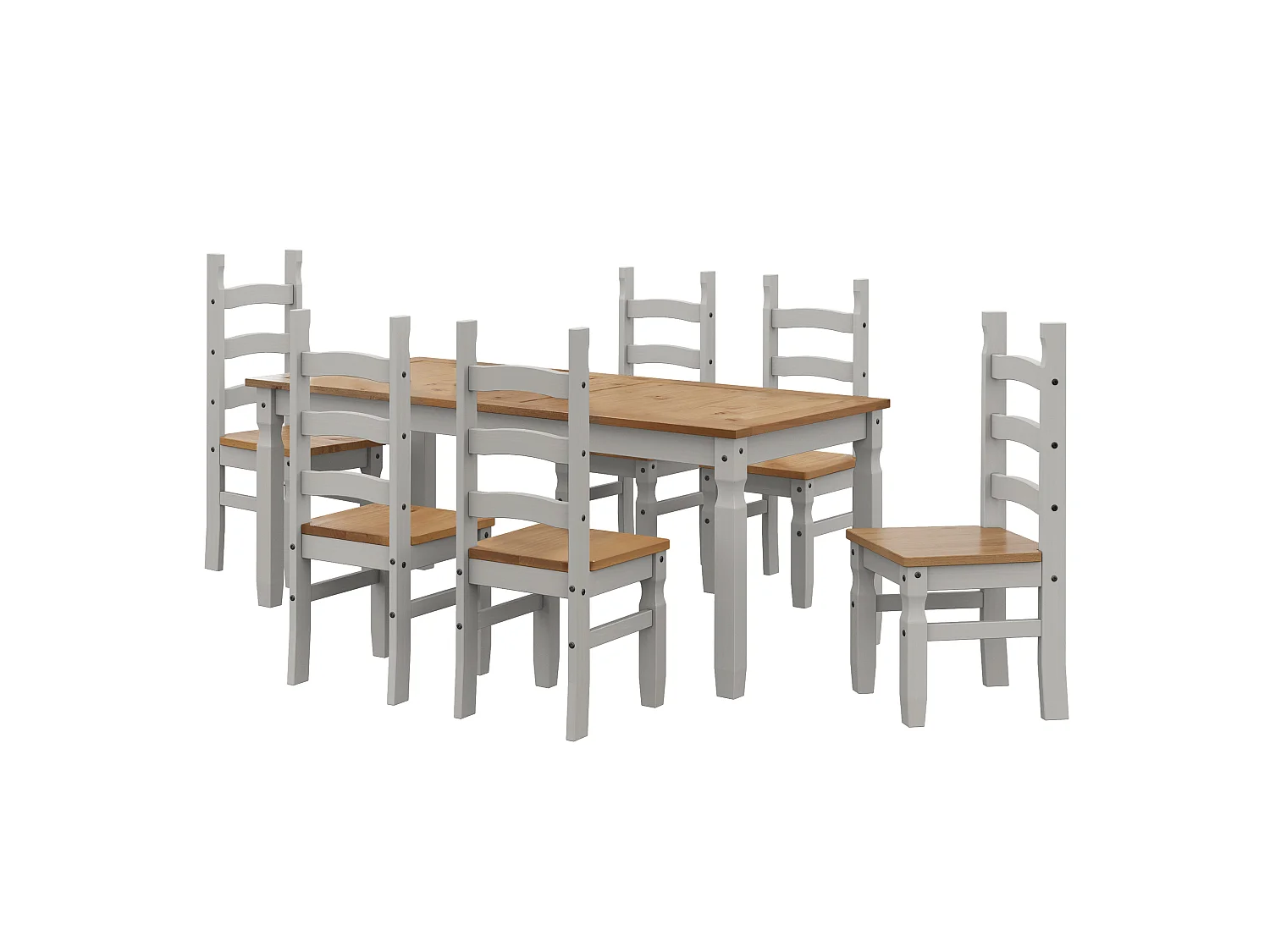 Mercers Furniture Corona Grey Wax 6'0 Dining Table & 6 Chairs Set Solid Wood Pine Wooden Long Large with Mexican Styling