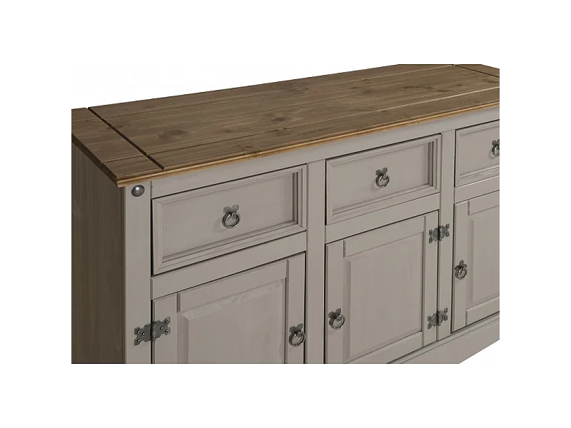 Mercers Furniture Corona Grey Painted Wax 3 Door 3 Drawer Sideboard Cabinet Solid Wood Mexican Pine Wooden Dresser