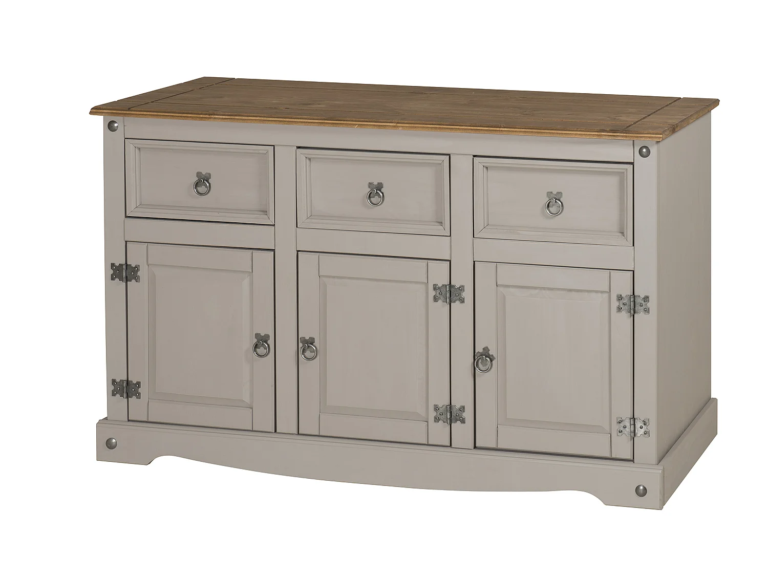 Mercers Furniture Corona Grey Painted Wax 3 Door 3 Drawer Sideboard Cabinet Solid Wood Mexican Pine Wooden Dresser