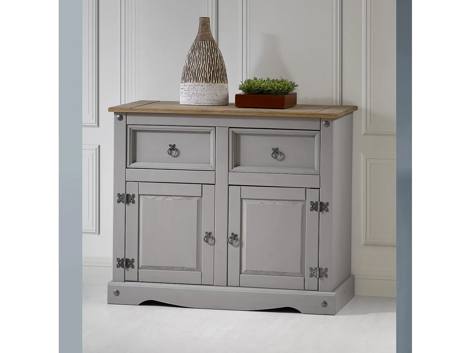 Mercers Furniture Corona 2 Door Sideboard Grey Painted Wax 2 Drawer Solid Wood Pine Wooden Cabinet with Mexican Styling