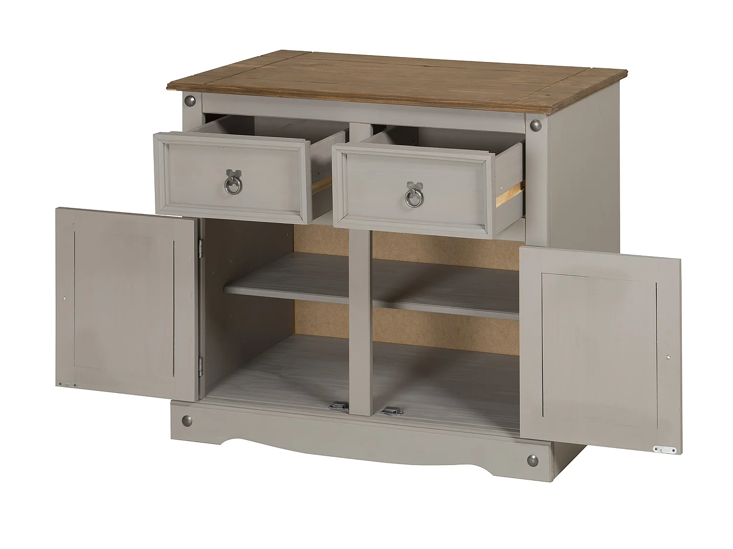 Mercers Furniture Corona 2 Door Sideboard Grey Painted Wax 2 Drawer Solid Wood Pine Wooden Cabinet with Mexican Styling