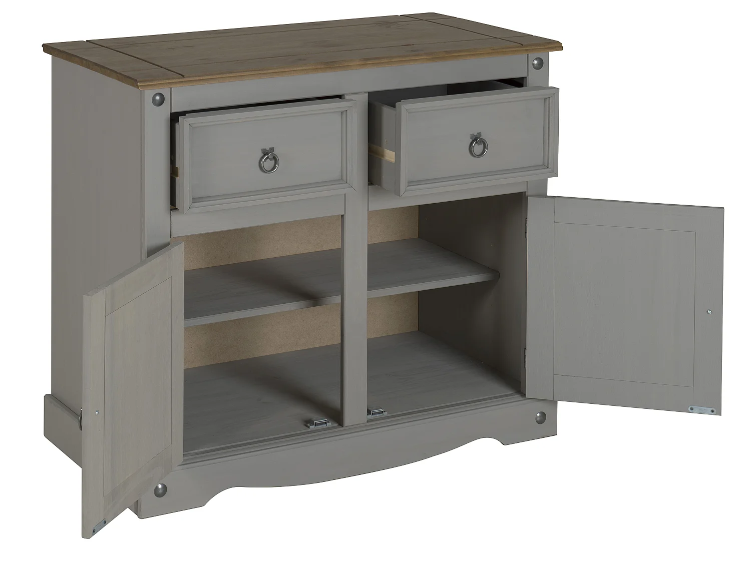 Mercers Furniture Corona 2 Door Sideboard Grey Painted Wax 2 Drawer Solid Wood Pine Wooden Cabinet with Mexican Styling