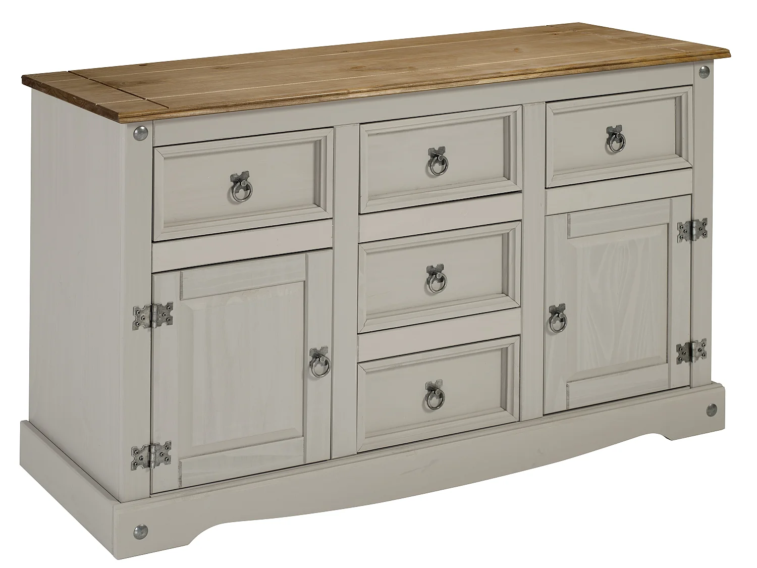 Mercers Furniture Corona Grey Wax Large 2 Door 5 Drawer Sideboard Cabinet Cupboard Solid Wood Pine Wooden Dresser with Mexican Styling