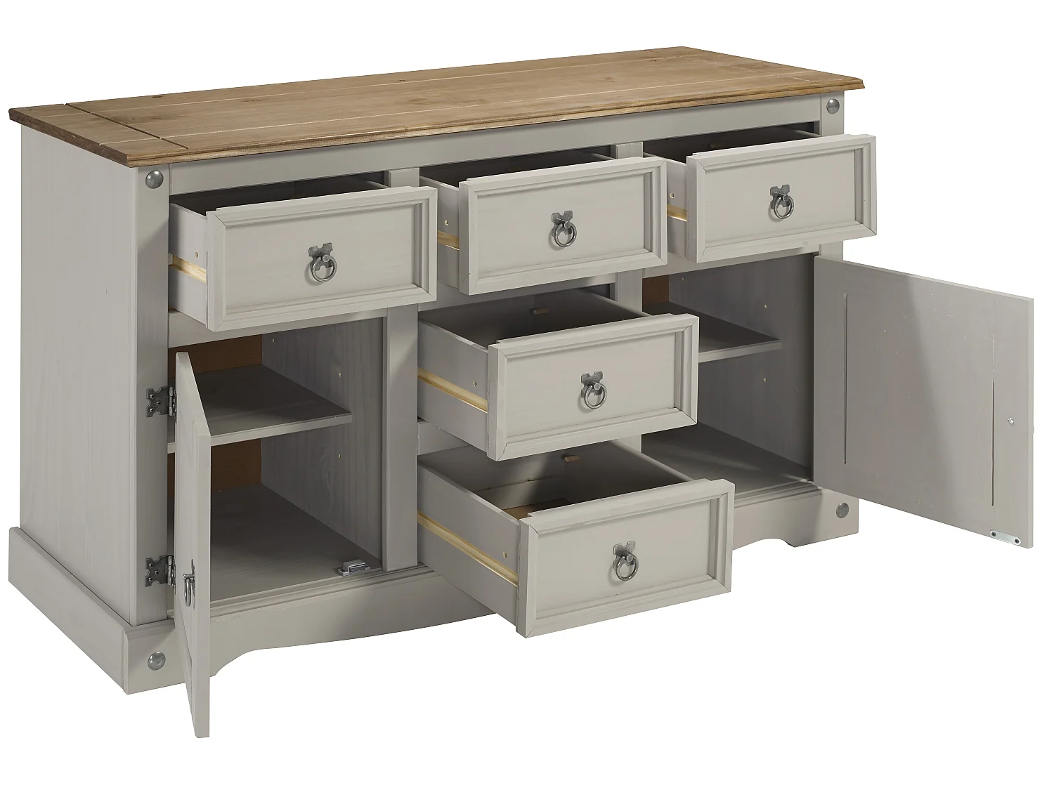 Mercers Furniture Corona Grey Wax Large 2 Door 5 Drawer Sideboard Cabinet Cupboard Solid Wood Pine Wooden Dresser with Mexican Styling