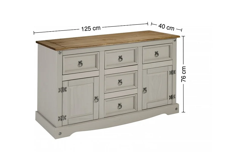 Mercers Furniture Corona Grey Wax Large 2 Door 5 Drawer Sideboard Cabinet Cupboard Solid Wood Pine Wooden Dresser with Mexican Styling