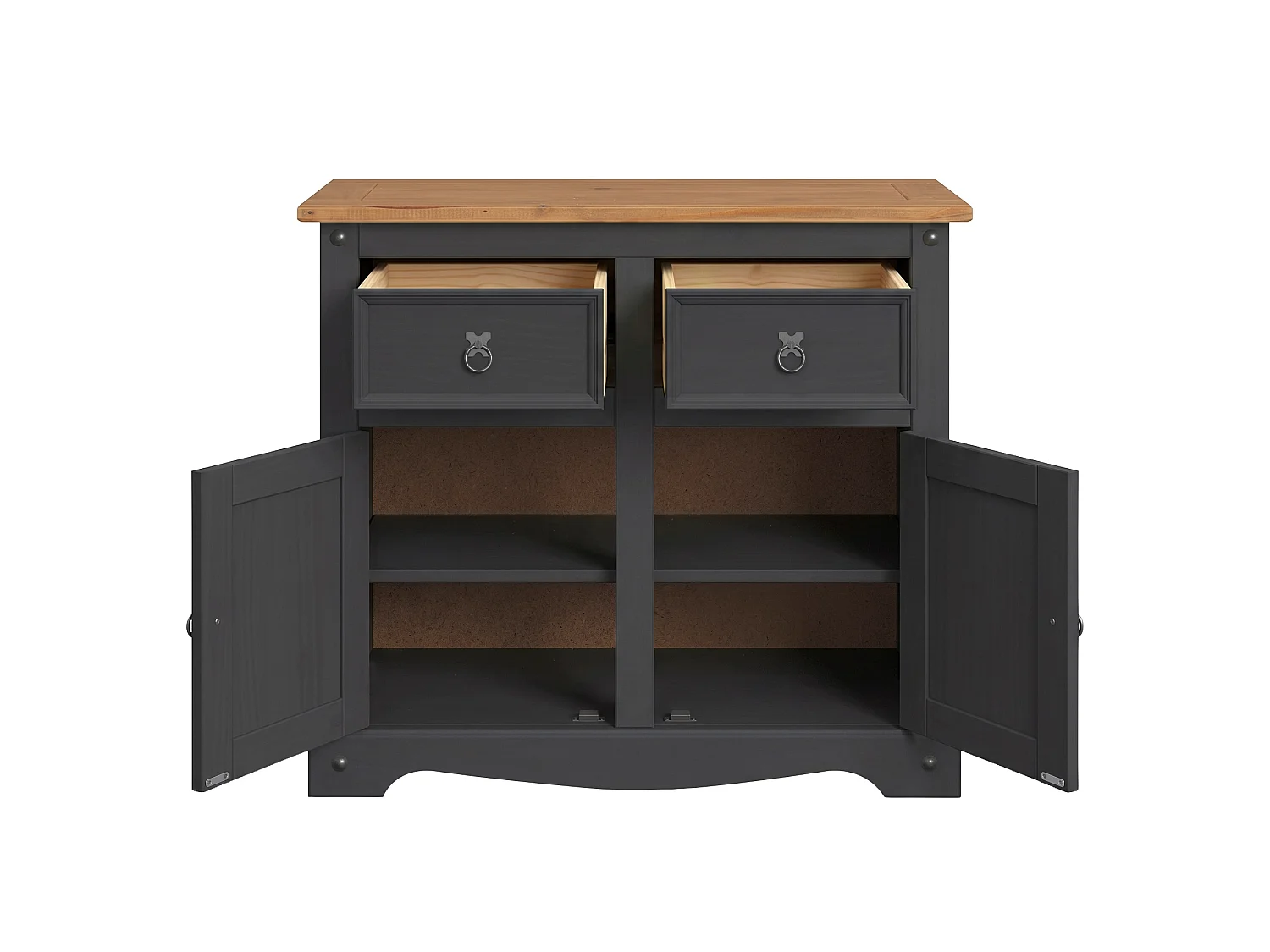 Mercers Furniture Corona Charcoal 2 Door 2 Drawer Sideboard Cabinet Cupboard Solid Wood Pine Wooden Dark Grey with Mexican Styling
