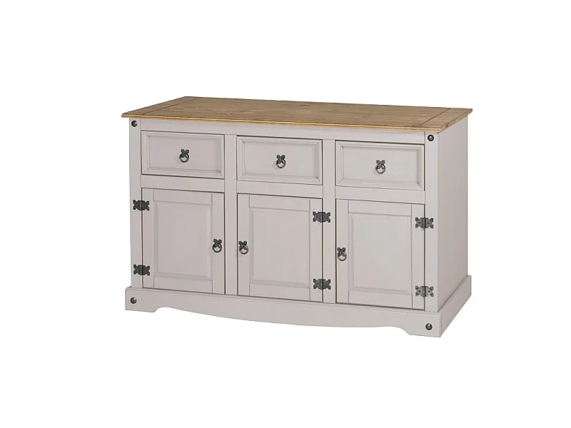 Mercers Furniture Corona White Painted 3 Door 3 Drawer Sideboard Cabinet Cupboard Dresser Solid Wood Pine Wooden with Mexican Styling