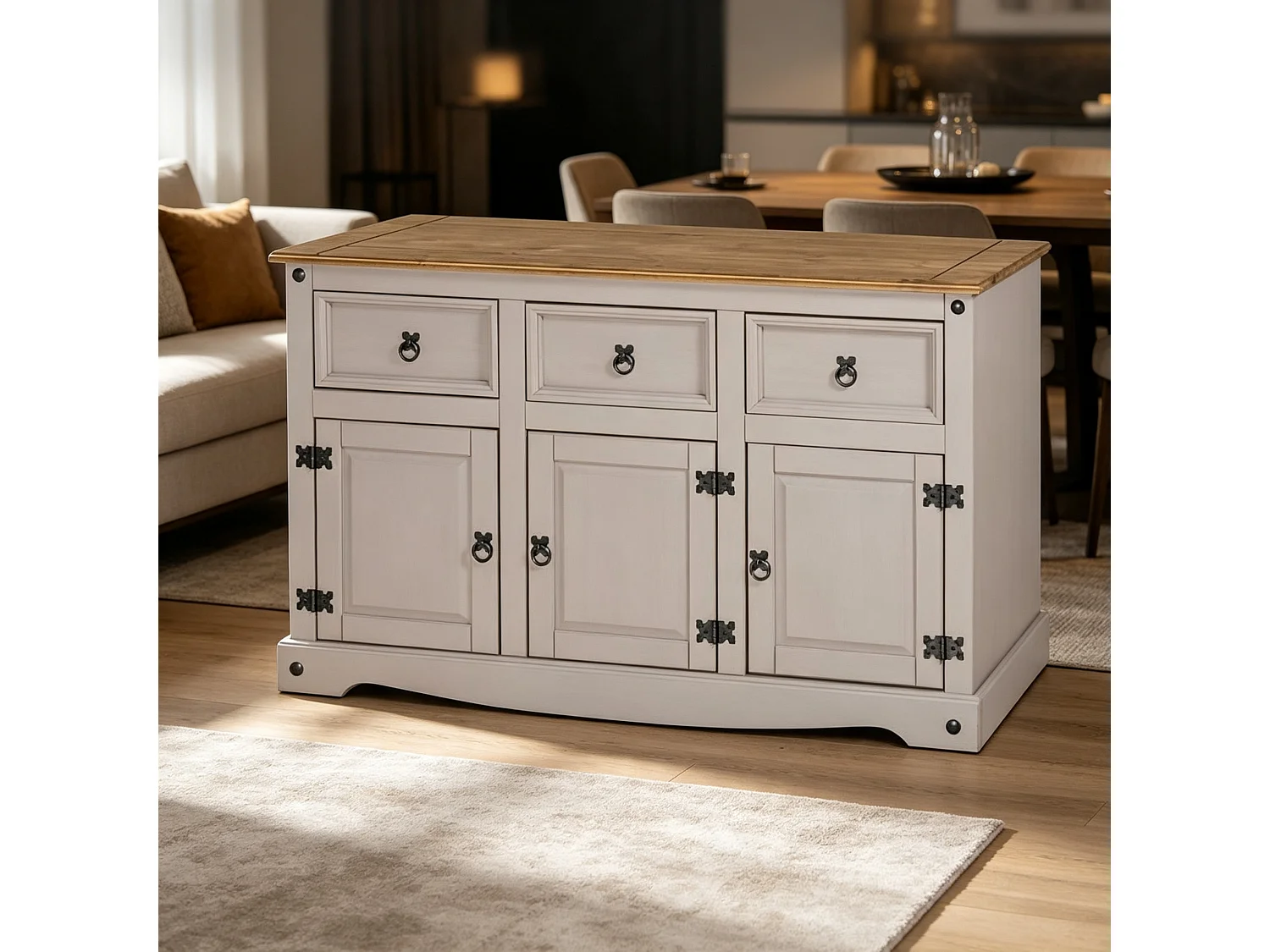Mercers Furniture Corona White Painted 3 Door 3 Drawer Sideboard Cabinet Cupboard Dresser Solid Wood Pine Wooden with Mexican Styling