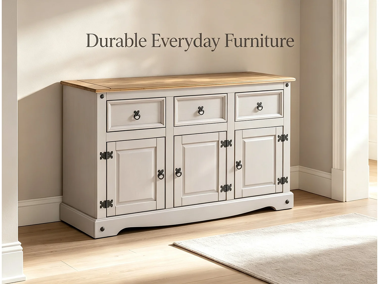 Mercers Furniture Corona White Painted 3 Door 3 Drawer Sideboard Cabinet Cupboard Dresser Solid Wood Pine Wooden with Mexican Styling