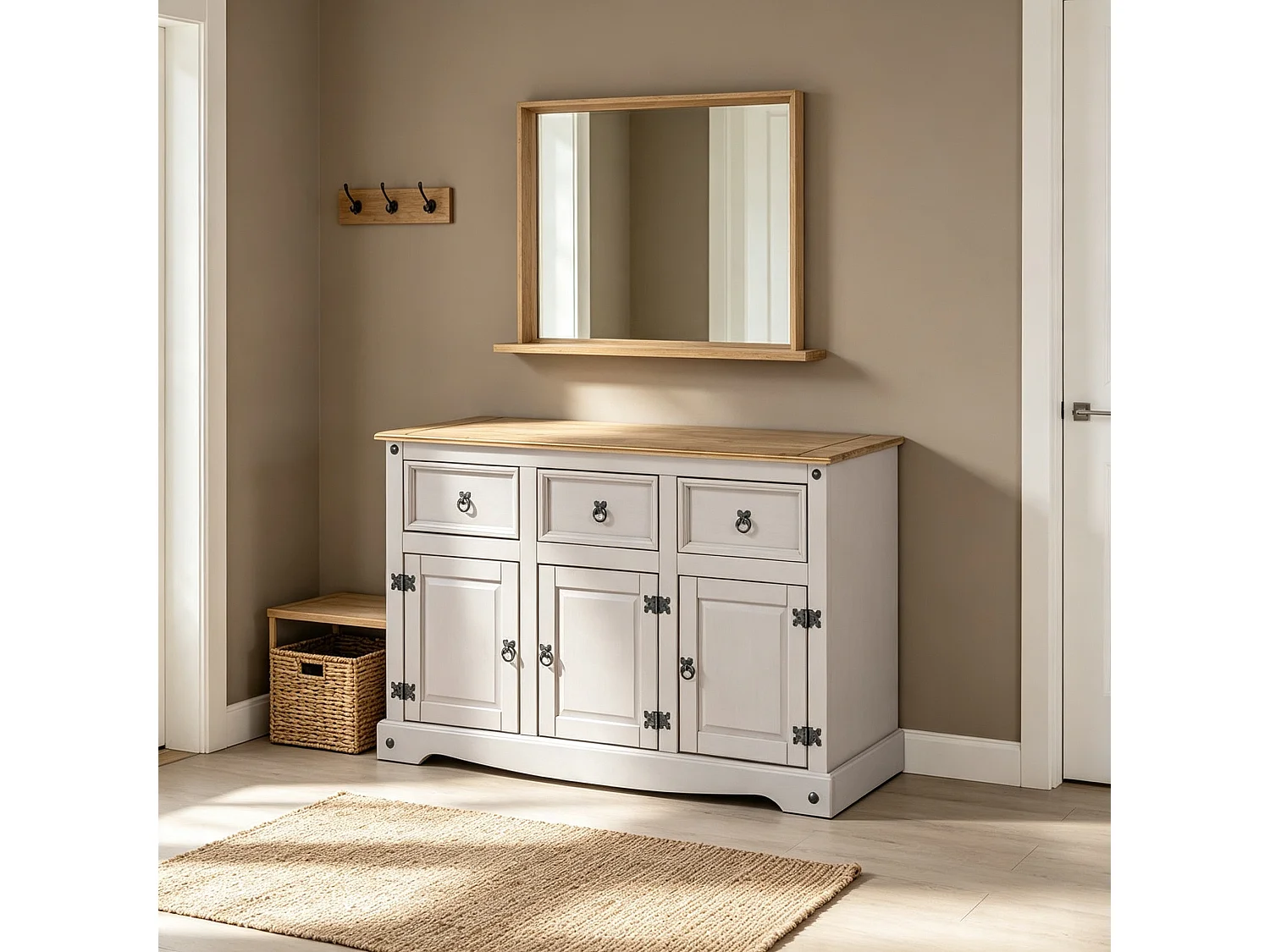 Mercers Furniture Corona White Painted 3 Door 3 Drawer Sideboard Cabinet Cupboard Dresser Solid Wood Pine Wooden with Mexican Styling