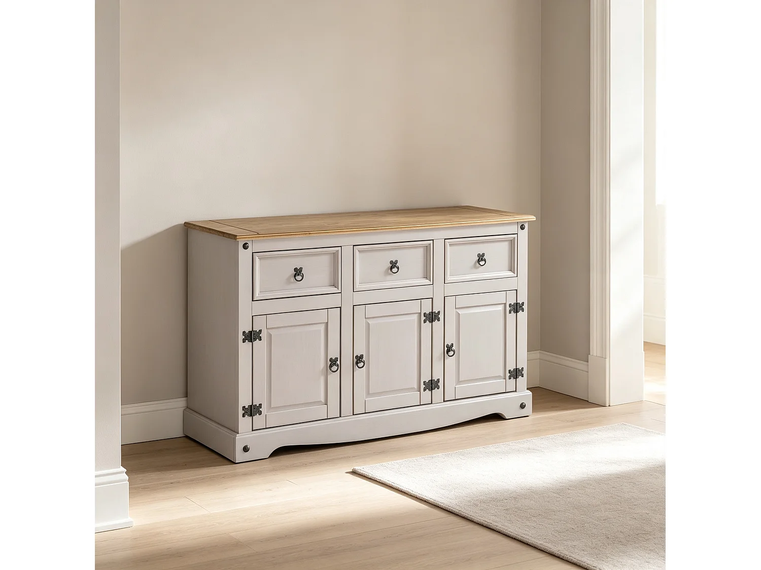 Mercers Furniture Corona White Painted 3 Door 3 Drawer Sideboard Cabinet Cupboard Dresser Solid Wood Pine Wooden with Mexican Styling