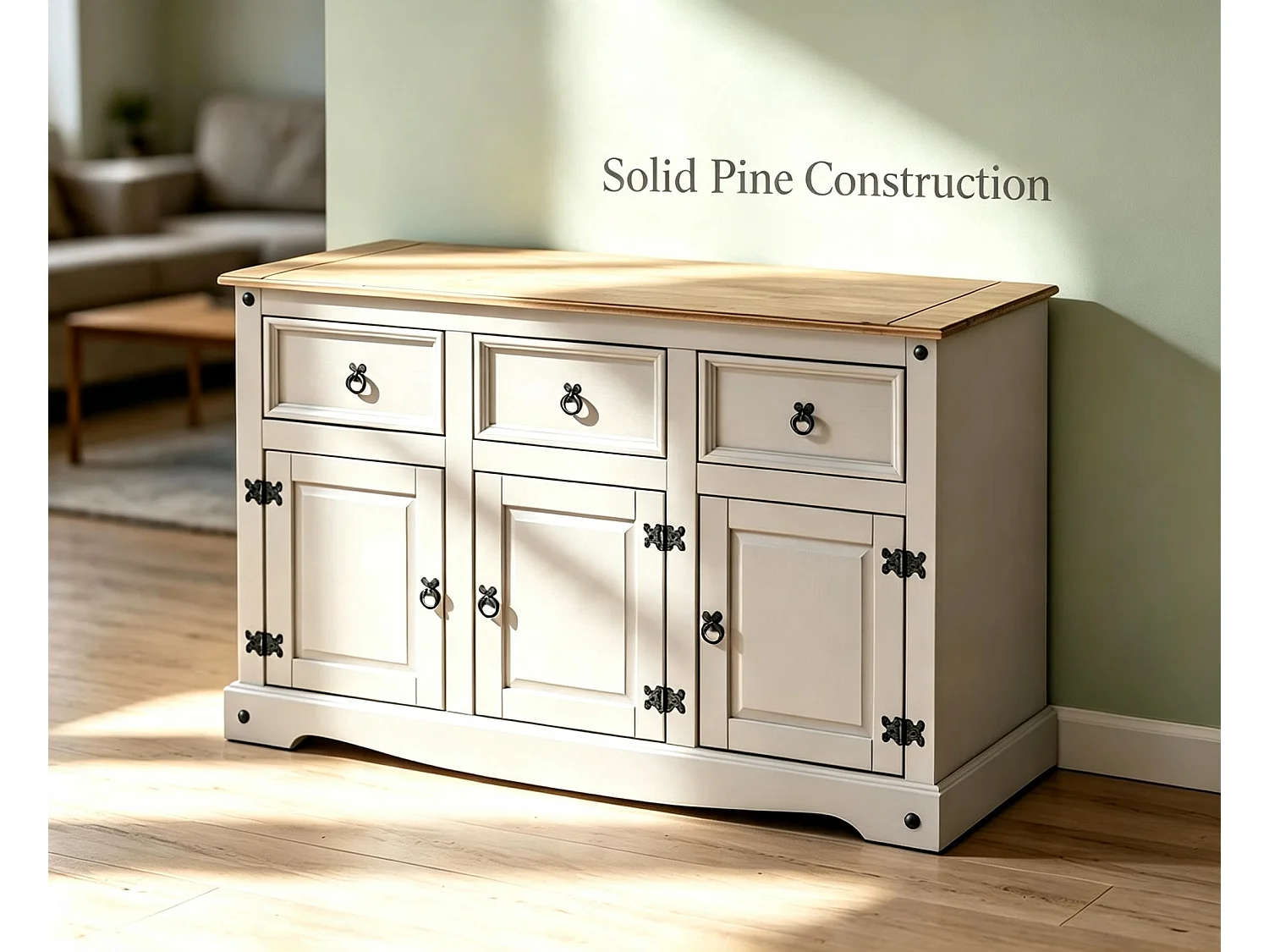 Mercers Furniture Corona White Painted 3 Door 3 Drawer Sideboard Cabinet Cupboard Dresser Solid Wood Pine Wooden with Mexican Styling