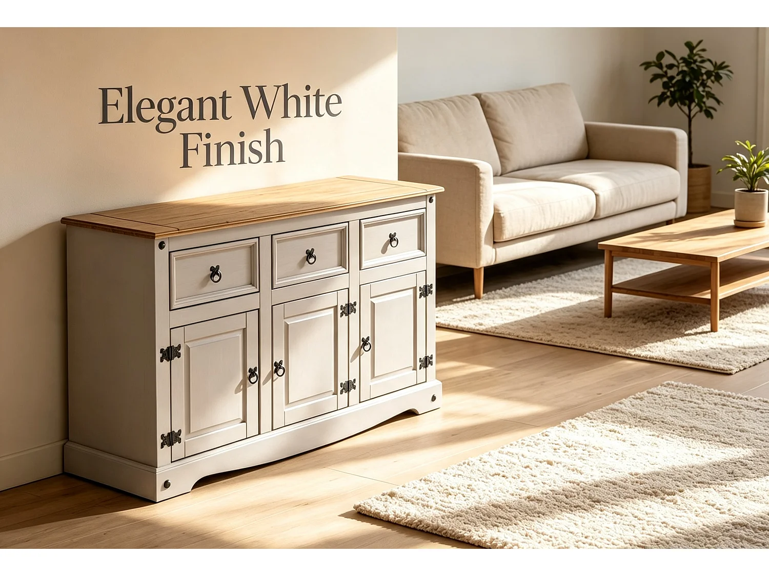 Mercers Furniture Corona White Painted 3 Door 3 Drawer Sideboard Cabinet Cupboard Dresser Solid Wood Pine Wooden with Mexican Styling