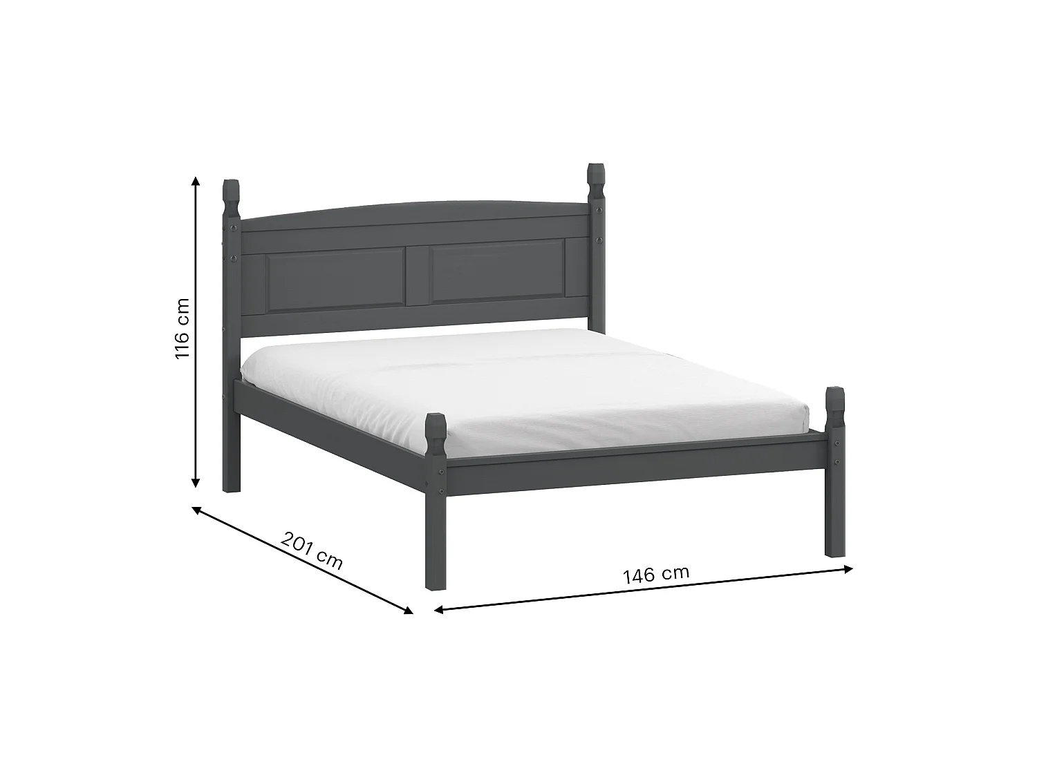 Mercers Furniture Corona Charcoal 4'6" Low End Double Bed Frame Solid Wood Mexican Pine Wooden Bedroom Dark Grey