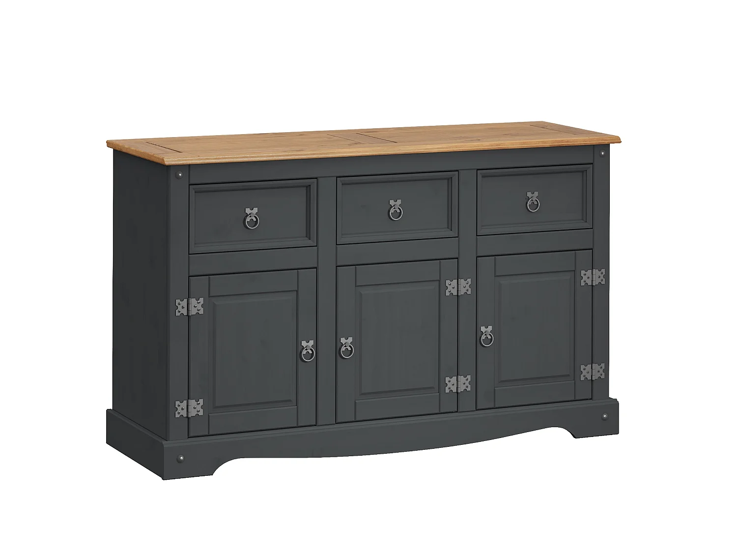 Mercers Furniture Corona Charcoal 3 Door 3 Drawer Sideboard Cabinet Cupboard Dresser Solid Wood Pine Wooden Dark Grey with Mexican Styling