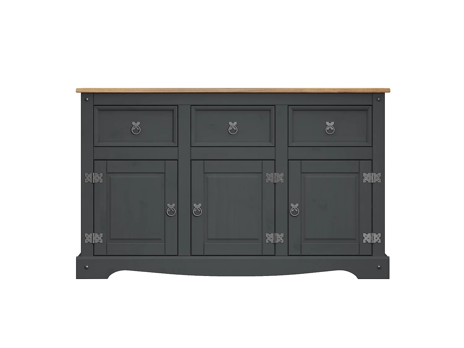 Mercers Furniture Corona Charcoal 3 Door 3 Drawer Sideboard Cabinet Cupboard Dresser Solid Wood Pine Wooden Dark Grey with Mexican Styling