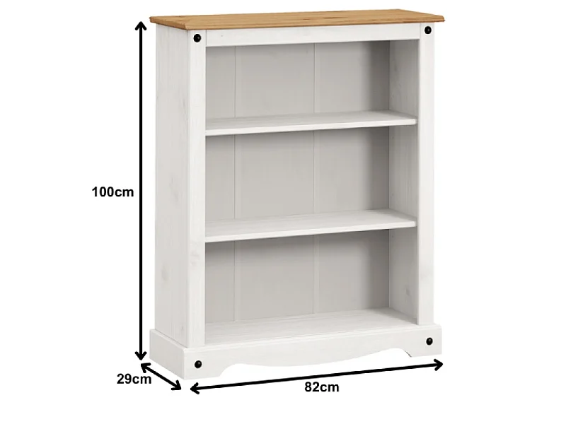 Mercers Furniture Corona White Small Low 3 Shelf Bookcase Solid Wood Pine Wooden Shelving Display Unit with Mexican Styling