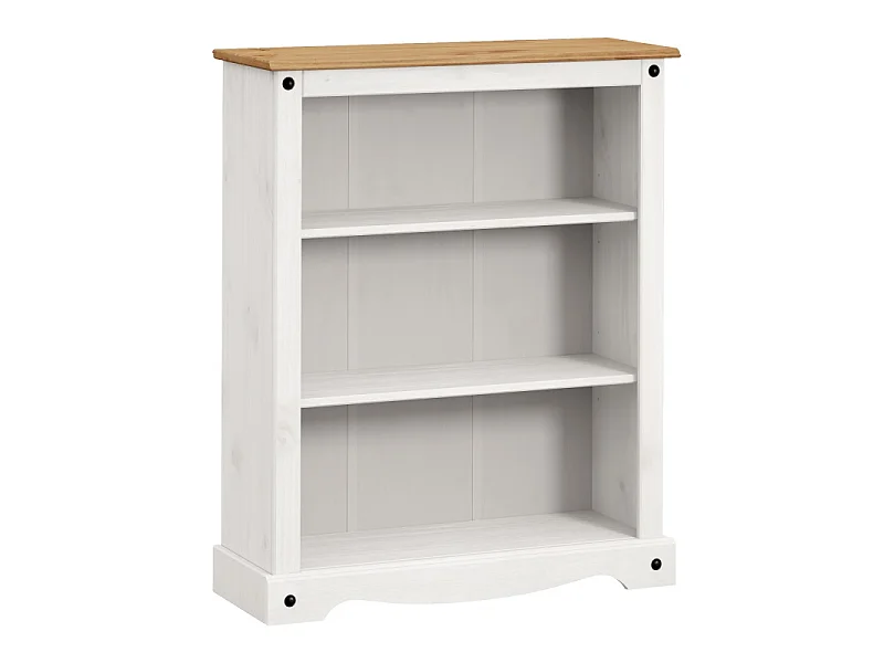 Mercers Furniture Corona White Small Low 3 Shelf Bookcase Solid Wood Pine Wooden Shelving Display Unit with Mexican Styling