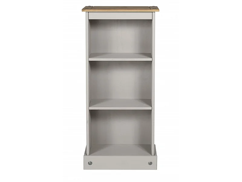Mercers Furniture Corona Grey Wax Low Narrow Bookcase CD Open Storage Display Shelves Small Solid Wood Pine Wooden with Mexican Styling