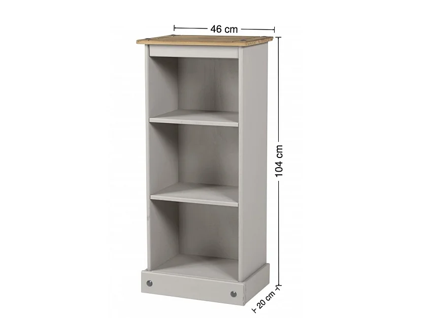 Mercers Furniture Corona Grey Wax Low Narrow Bookcase CD Open Storage Display Shelves Small Solid Wood Pine Wooden with Mexican Styling