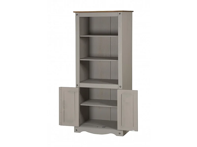 Mercers Furniture Corona Grey Wax 2 Door Bookcase 3 Shelf Display Cupboard Cabinet Solid Wood Pine Wooden with Mexican Styling