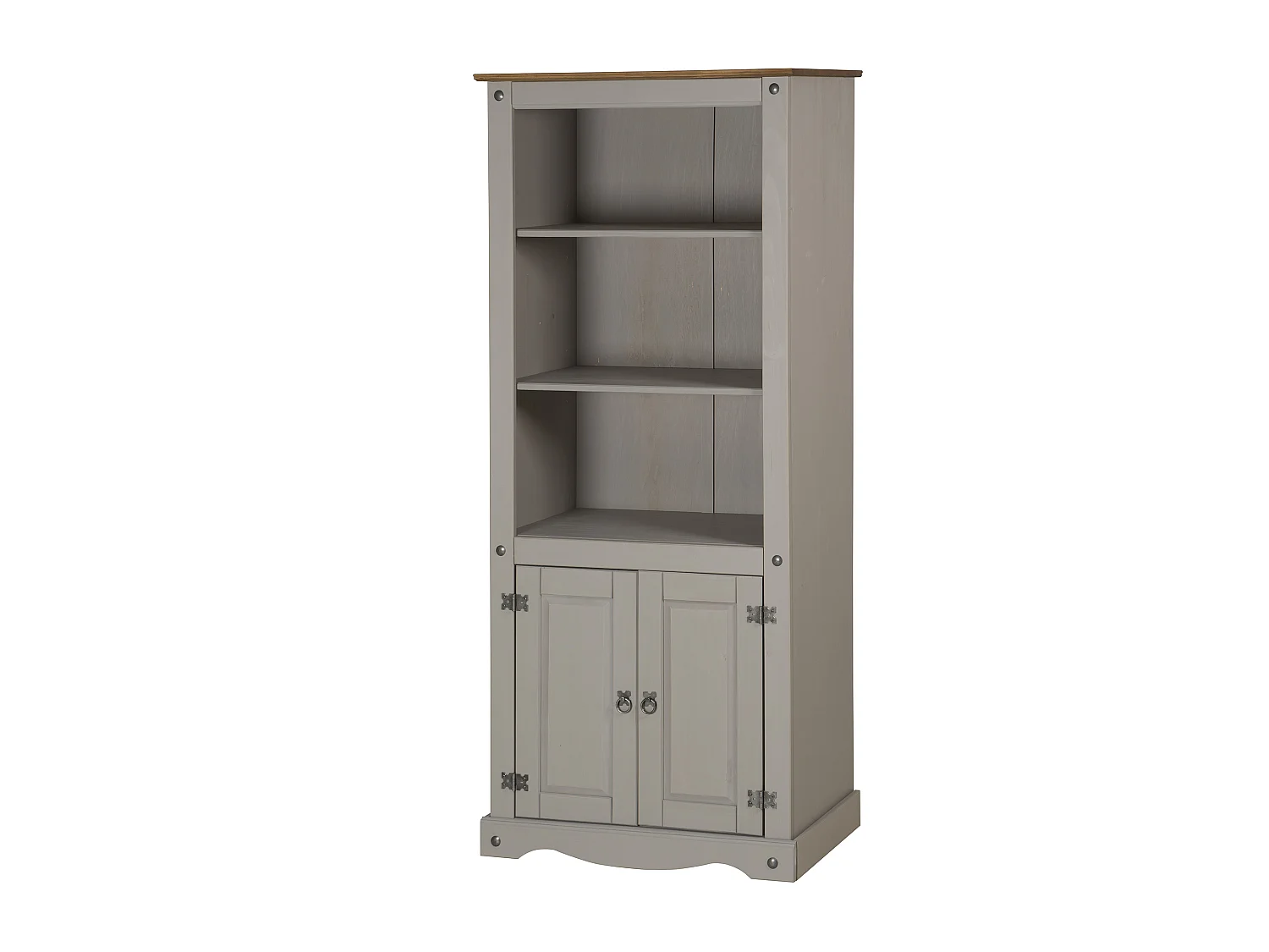 Mercers Furniture Corona Grey Wax 2 Door Bookcase 3 Shelf Display Cupboard Cabinet Solid Wood Pine Wooden with Mexican Styling