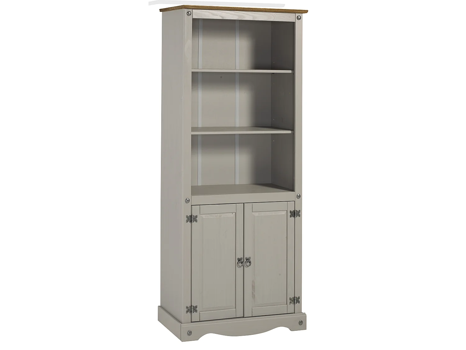 Mercers Furniture Corona Grey Wax 2 Door Bookcase 3 Shelf Display Cupboard Cabinet Solid Wood Pine Wooden with Mexican Styling